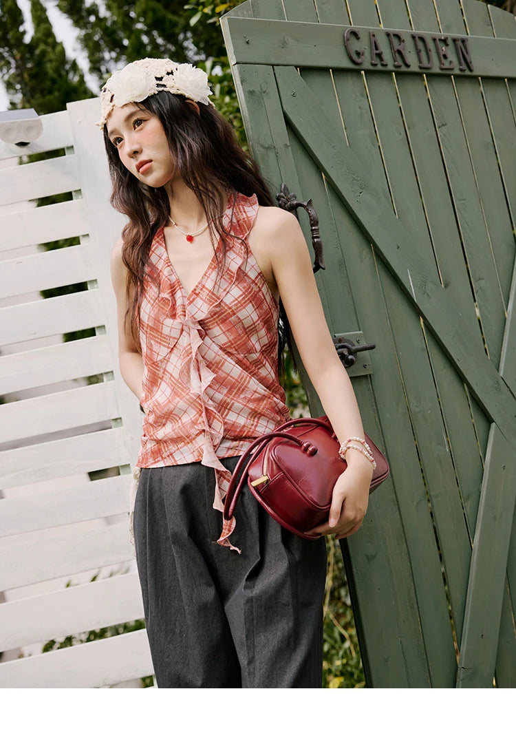 MISHOW French Retro Red Grid Hanging Neck Blouse for Women Summer 2025 Ruffled Edges Backless Blouses Vacation Top MXE34X1785