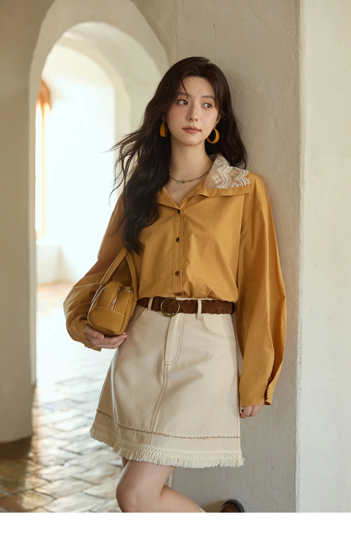 MISHOW Autumn Solid Cotton Shirt Autumn V-neck Double-layer Lace Retro Design Shirts Single Breasted Tops Office Lady MXE41C2366