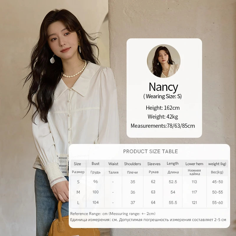 MISHOW Women's French Lace Patchwork Shirt 2025 Autumn Butterfly Collar Lantern Sleeves Apricot Elegant Commuting Top MXE41C2357