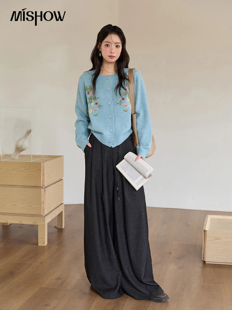 MISHOW Blue Floral Embroidered Cardigan for Women 2025 Autumn Winter New Loose Crew Neck Long Sleeves Sweater Wool MXE51Z2695
