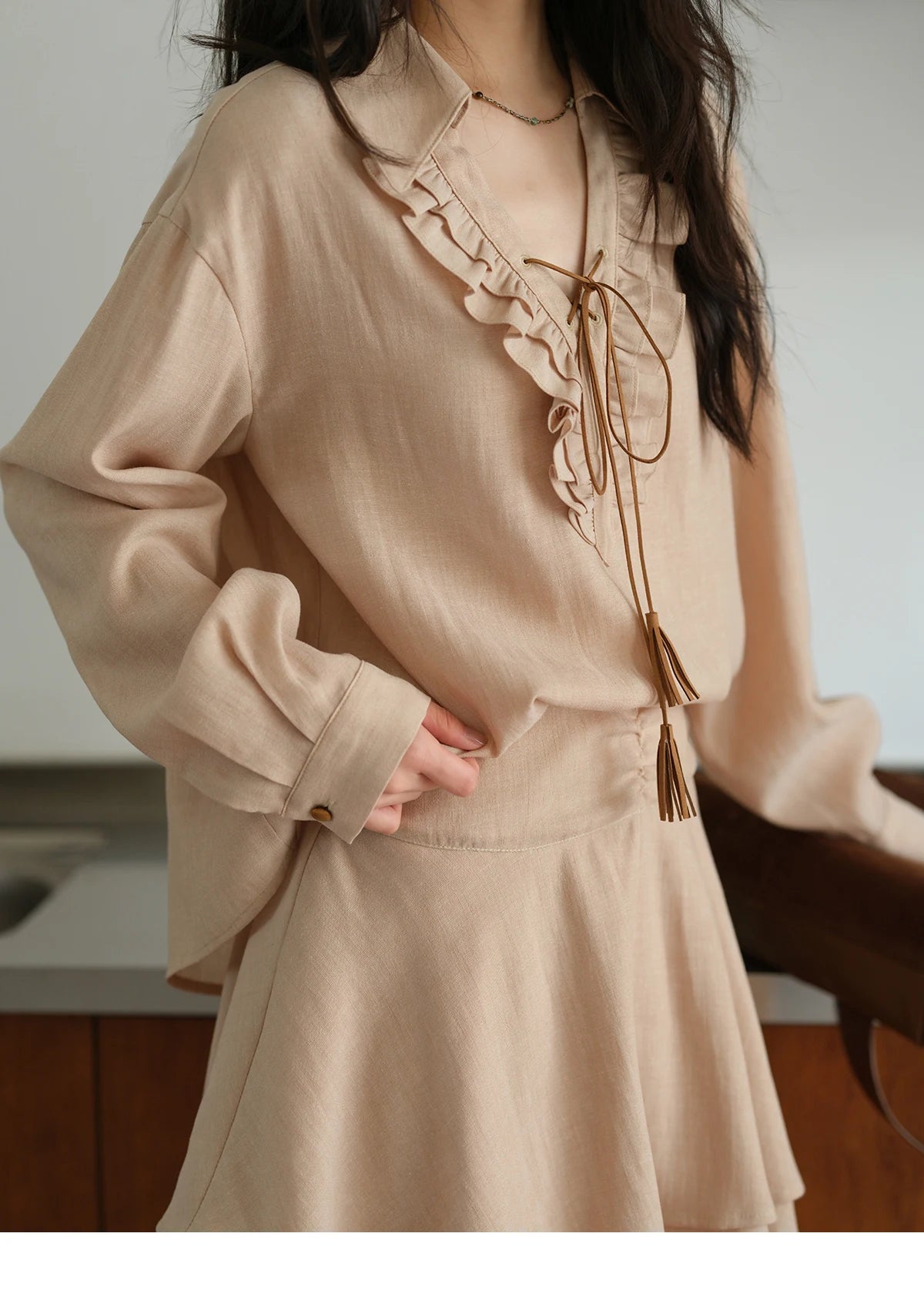 MISHOW Women's Bohemian Skirt Set Autumn Lyocell Blend V Neck Ruffle Suede Tassels Tie Top Back Elastic Waist Skirt MXE43T0727