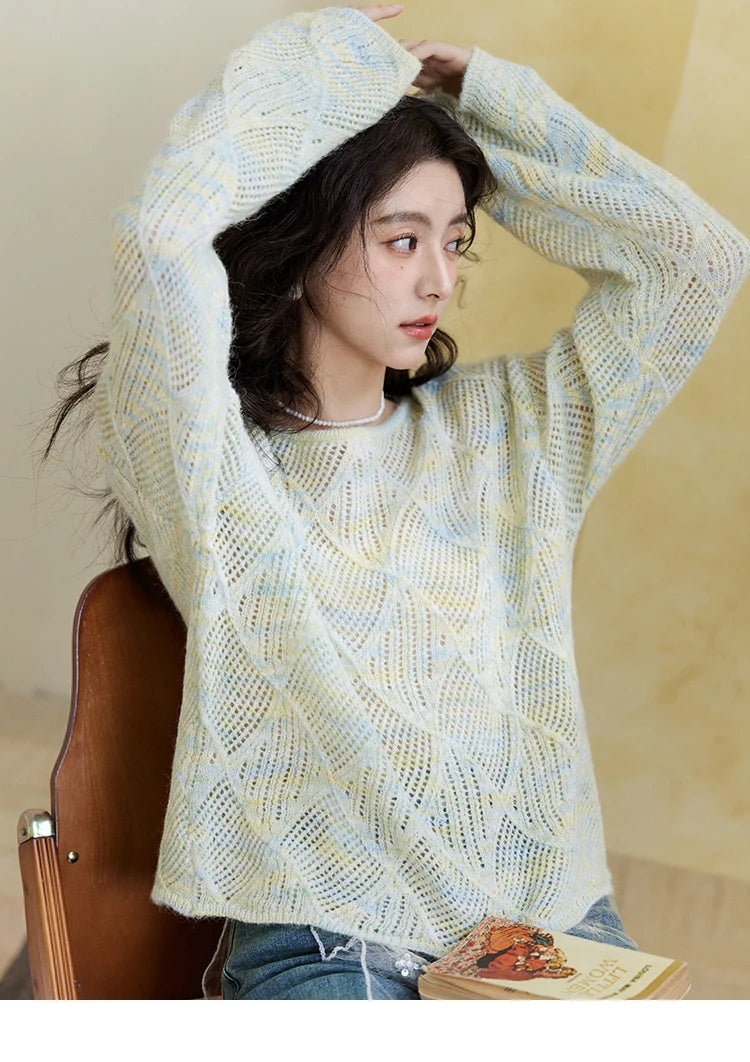 MISHOW Women's Hollow Knitted Sweater 2025 Spring Loose Thin Dropped Shoulder Top Wool O Neck Hem Wavy Edge Sweaters MXE14Z1208