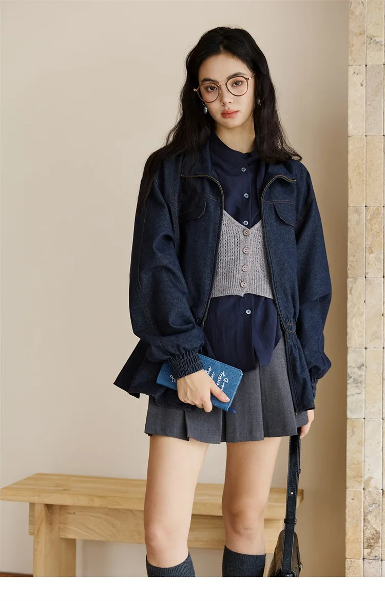 MISHOW Woman Shirt Set 2025 Autumn Fashion New Navy Blue Ribbon Design Layered Shirt Knit Camisole Two-piece Suit MXE47T1412