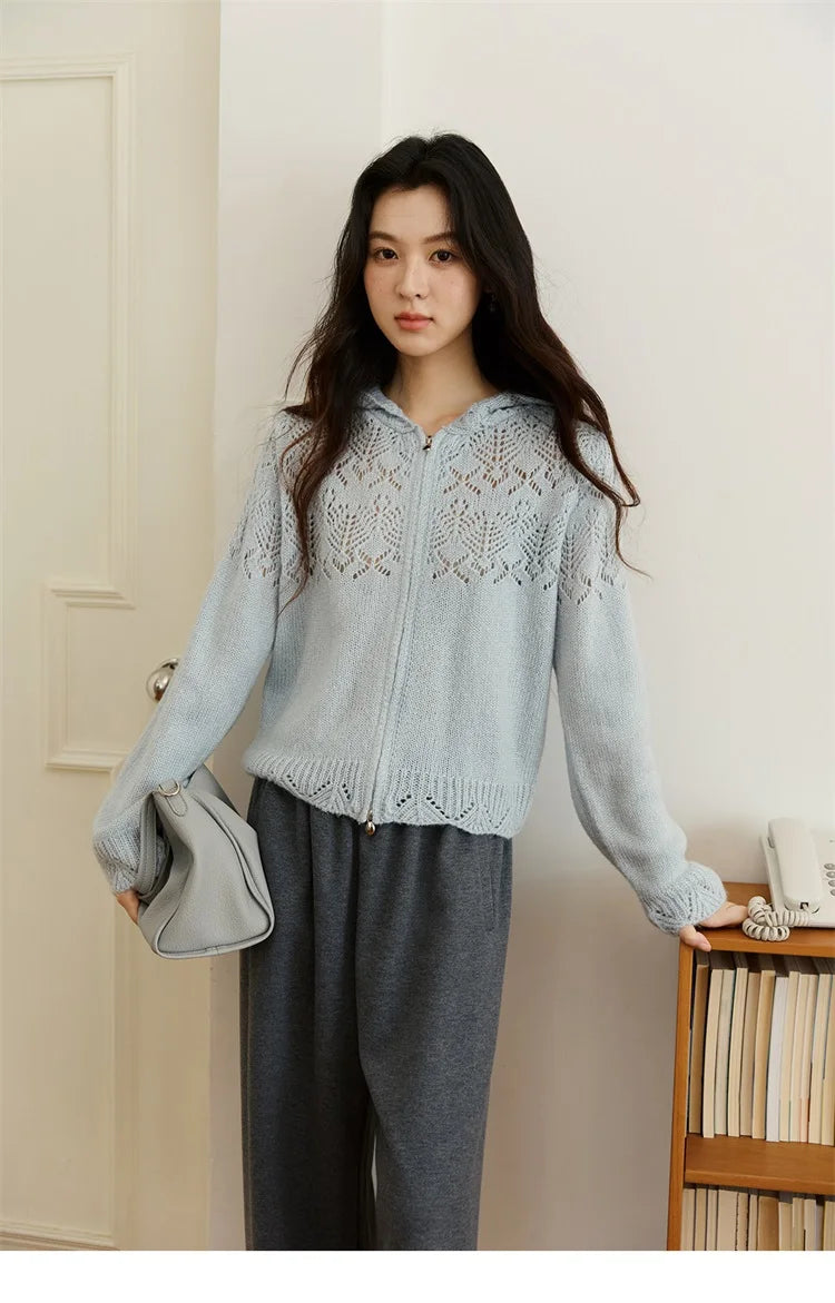 MISHOW Yellow Hollow Out Cardigan Women 2025 Autumn Winter New Hooded Zipper Sweater Loose Casual Bottoming Tops MXE46Z2584