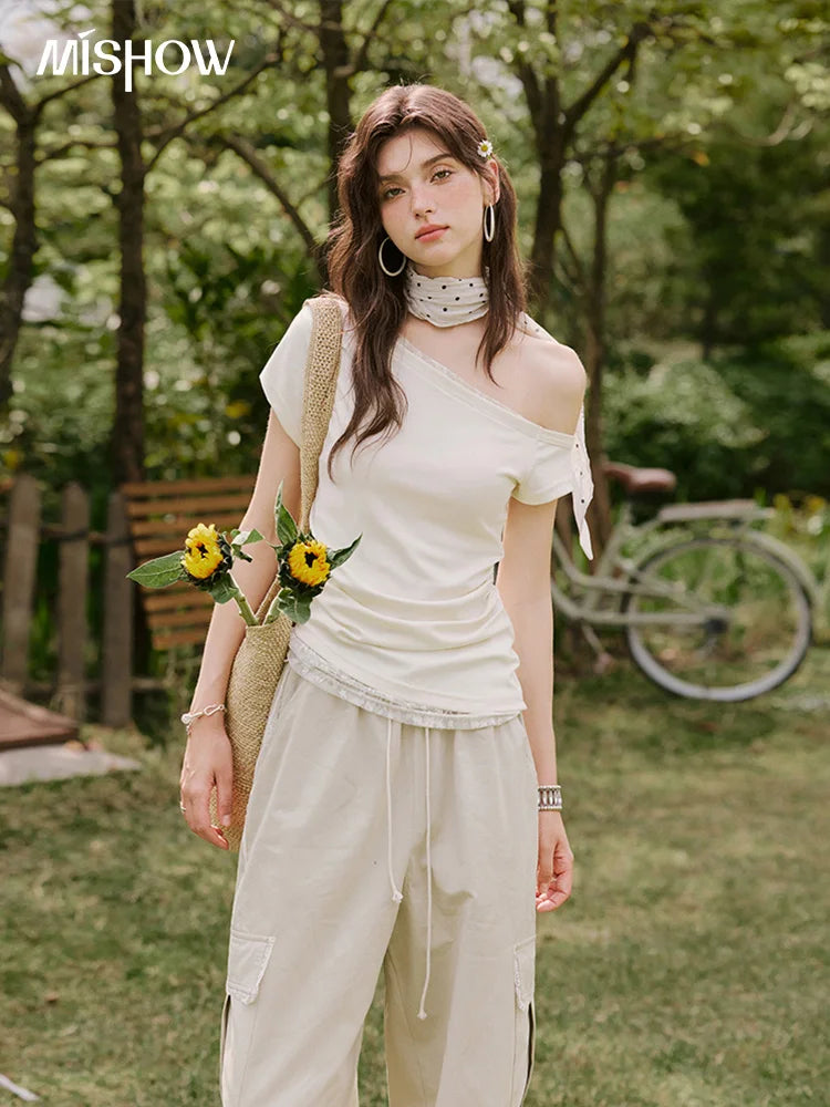 MISHOW Apricot Cargo Pants for Women in Summer 2025 Lace Patchwork Casual Pants Drawstring Elastic Waisted Trousers MXE33K0935