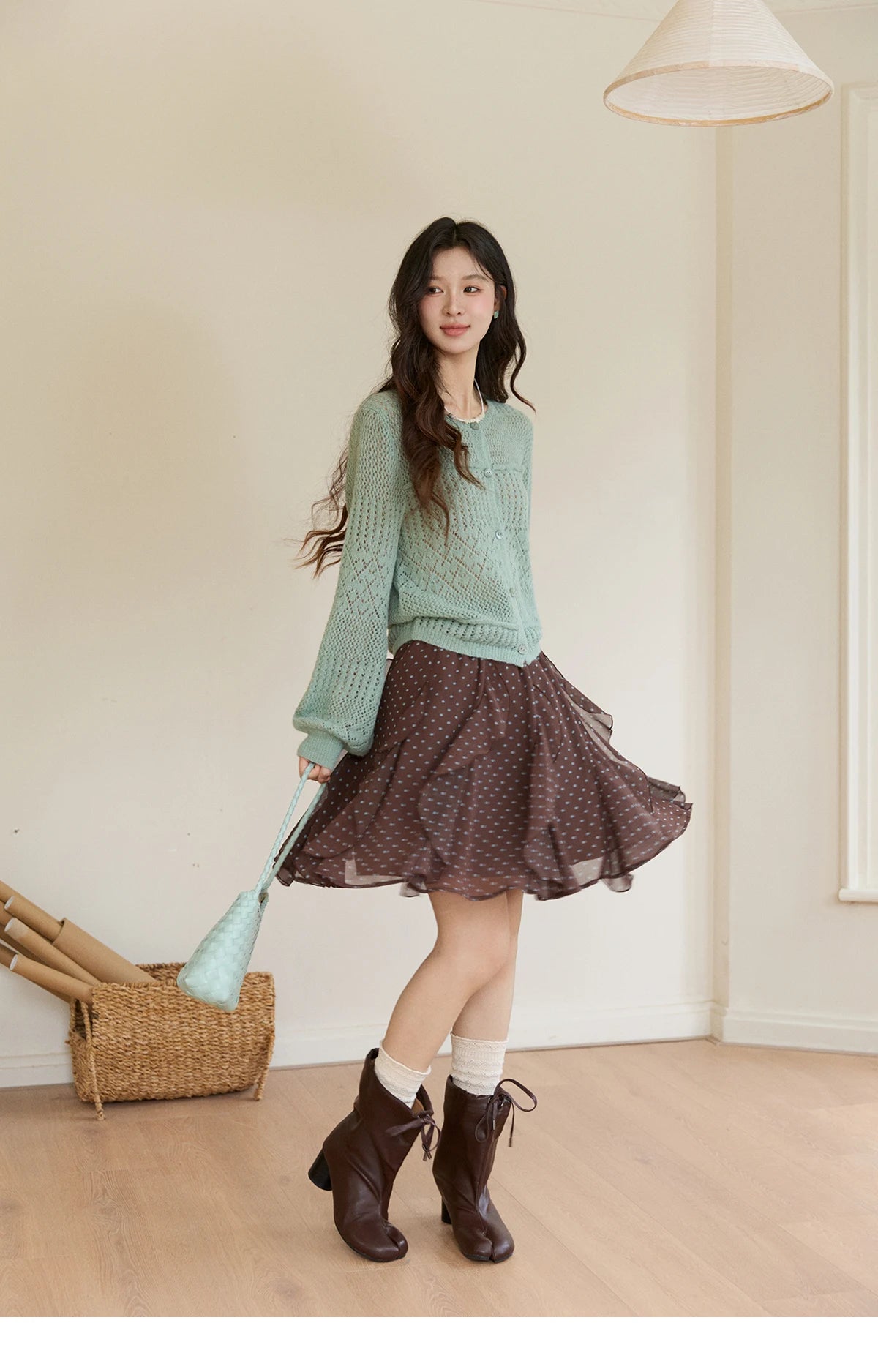 MISHOW Women's Brown Polka Dot Skirt Spring Irregular Ruffled Chiffon Elastic Waist Skirts Casual A-line Mini Skirt MXF13B2476