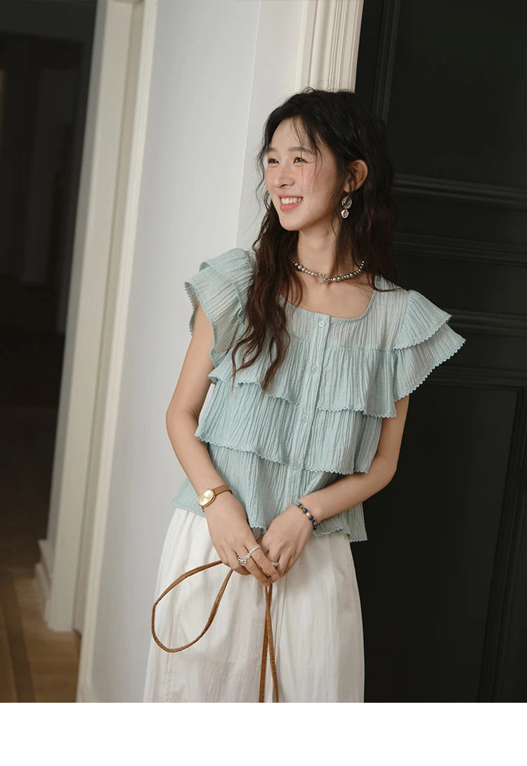 MISHOW Butterfly Sleeve Chiffon Shirt Women's 2025 Summer New Women's Clothing Retro Square Neck Button Casual Shirt MXD30X1488