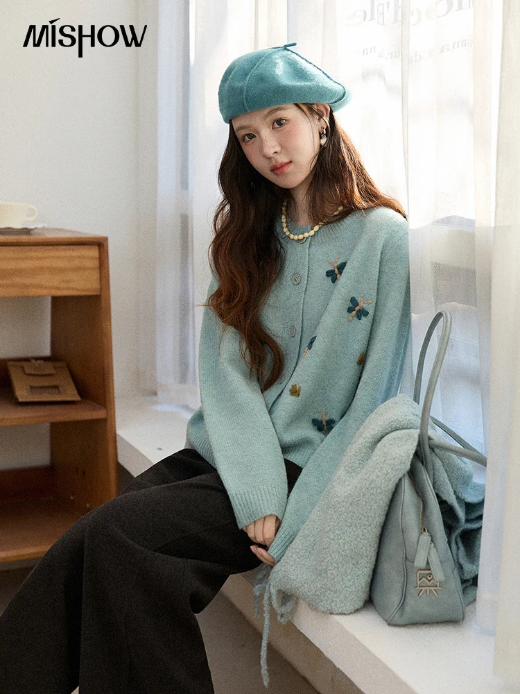 Mishow Blue Butterfly Embroidered O-Neck Cardigan MXE90Z2818