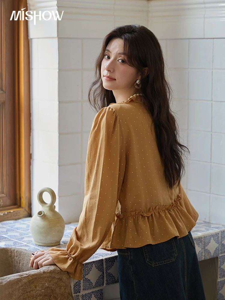 MISHOW Women Retro Polka Dot V-neck Shirt Autumn 2025 New Office Lady Lantern Sleeves Black Fungal Edge Casual Shirt MXE41X1942