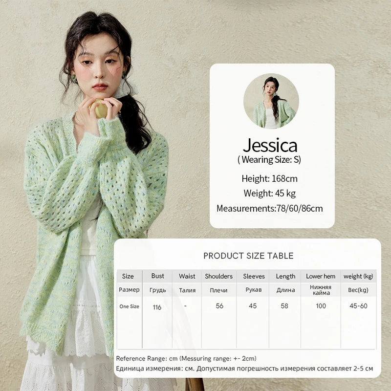 MISHOW Green Knitted Cardigan for Women Spring 2025 Loose Hollow Out Wave Neck Commuting Slim Open Stitch Cardigan MXE12Z1212