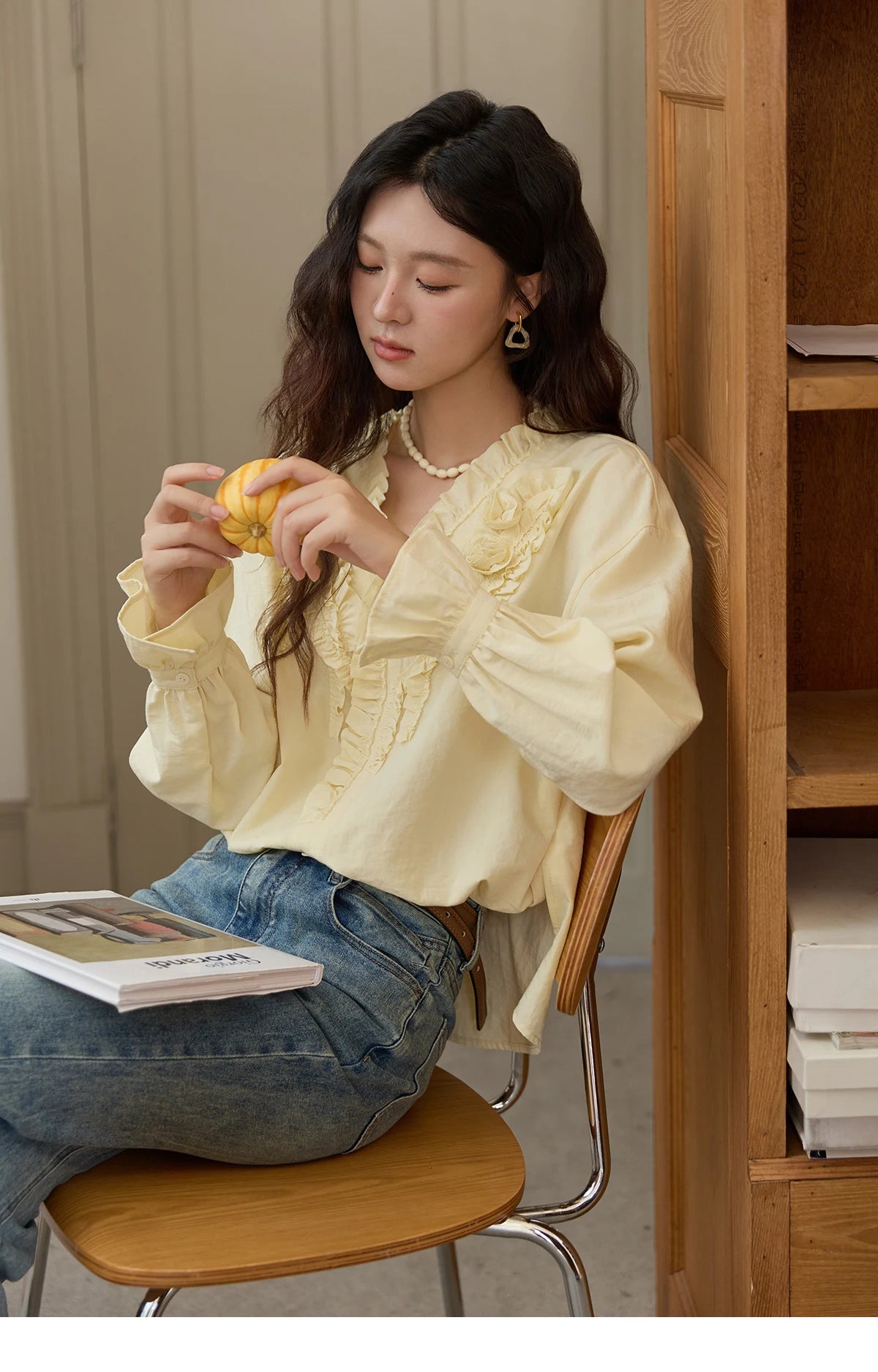 MISHOW Hand Sewn Rose Blouse for Women Autumn 2025 V-neck Edible Tree Fungus Edge Tops Sweet Lantern Sleeves Blouses MXE44X2470