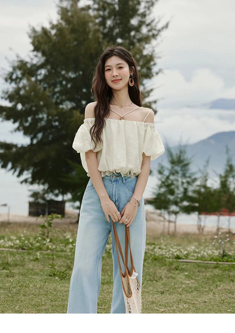 MISHOW French Summer Camisole Shirt Female 2025 New Solid Off-shoulder Short Sleeve Lace Tops Fashion Gentle Blouses MXE33X1755