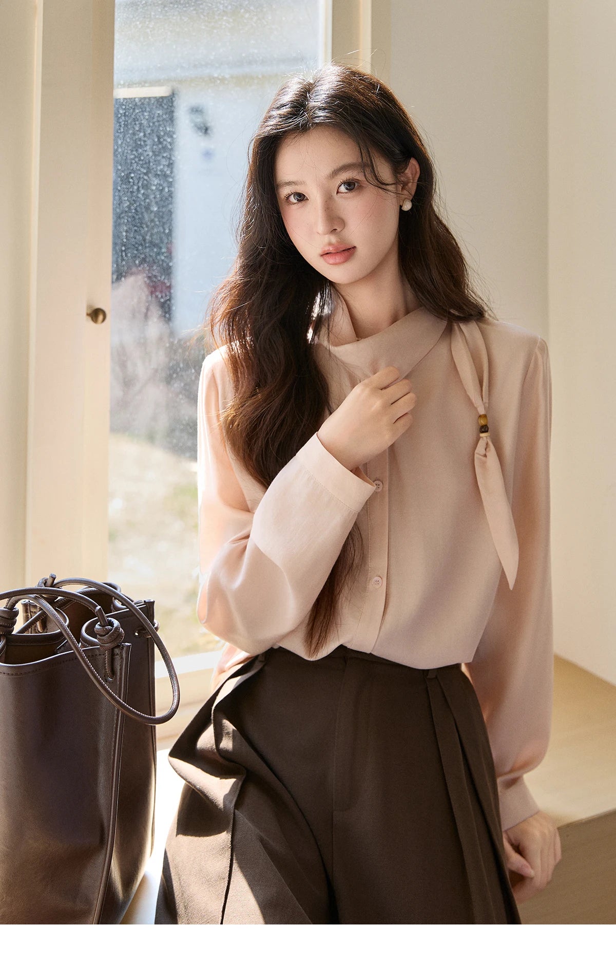 MISHOW Women's Nude Pink Shirt Spring Versatile Ribbon Stand Neck Shirts Button-Down Casual Commute Long Sleeve Top MXE11X2547