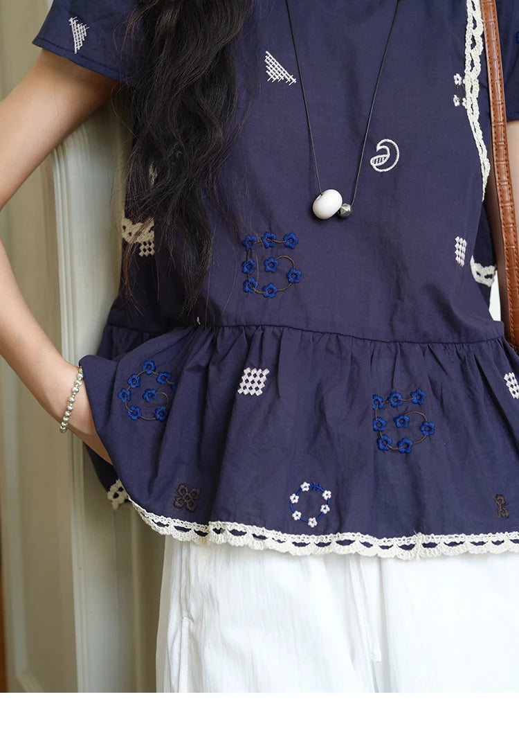 MISHOW Women's O-Neck Spliced Lace Blouse 2025 Summer New Fashion Embroidery Flower Casual Loose Top Ladies Clothing MXE39X1965