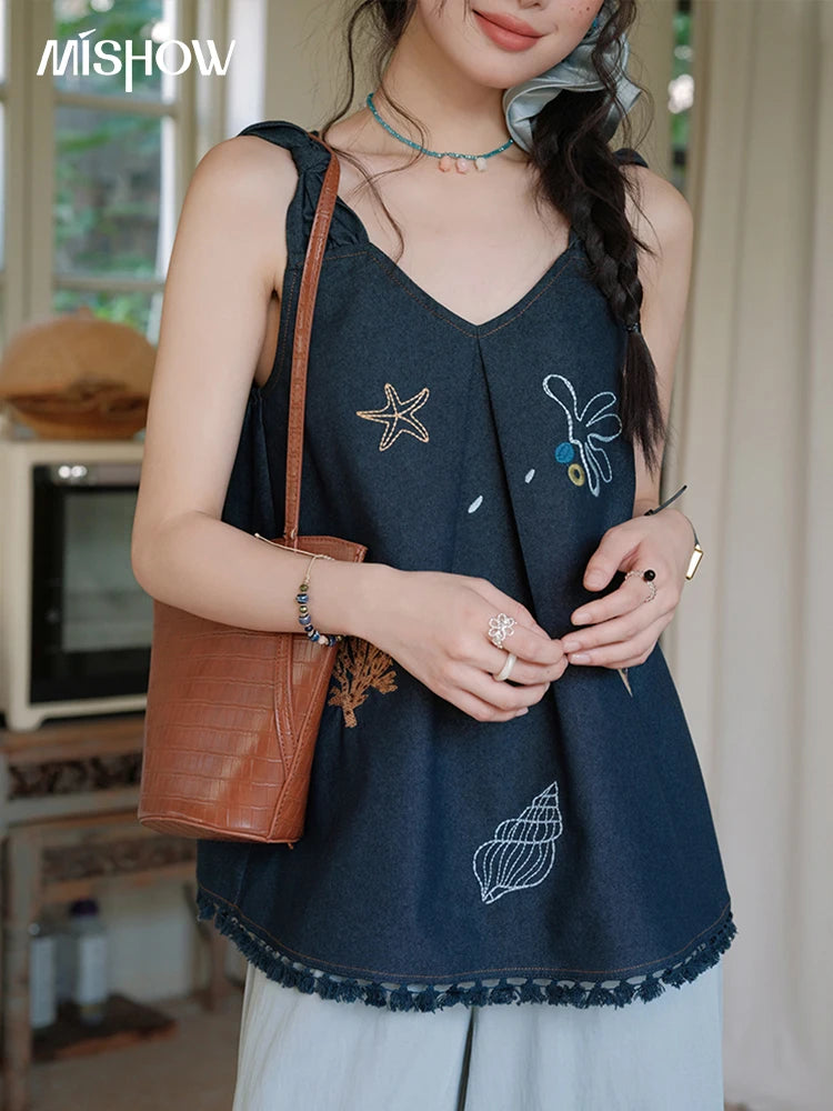 MISHOW Women's Fashion Strap Vest Summer 2025 Embroidery Lace Sleeveless Lady Camis Casual Vacation Tassel Denim Top MXE37X1860