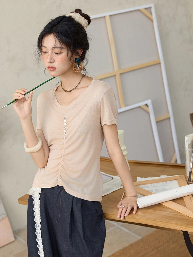 MISHOW V-neck Short Sleeve T-shirt Summer 2025 Mid Front Elastic Fold Single Row Shell Button Tees Casual Slim Tops MXE34T0560