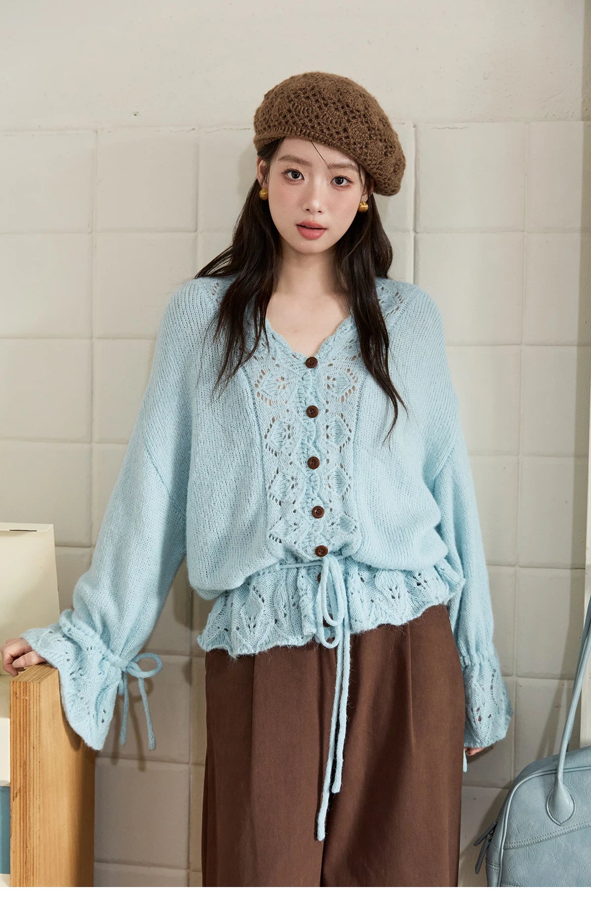 MISHOW Elegant Cardigan Women 2025 Autumn Design Hollow Knit Sweater V-neck Flared Sleeves Loose Casual Sweater MXE47Z2513