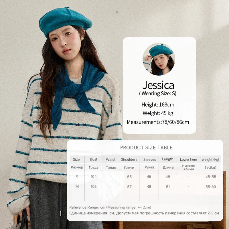 MISHOW Women's Blue Striped Sweater 2025 New Alpaca Wool Shawl Scarf Set Retro Loose Casual Knit Top Winter Clothes MXE90Z2821