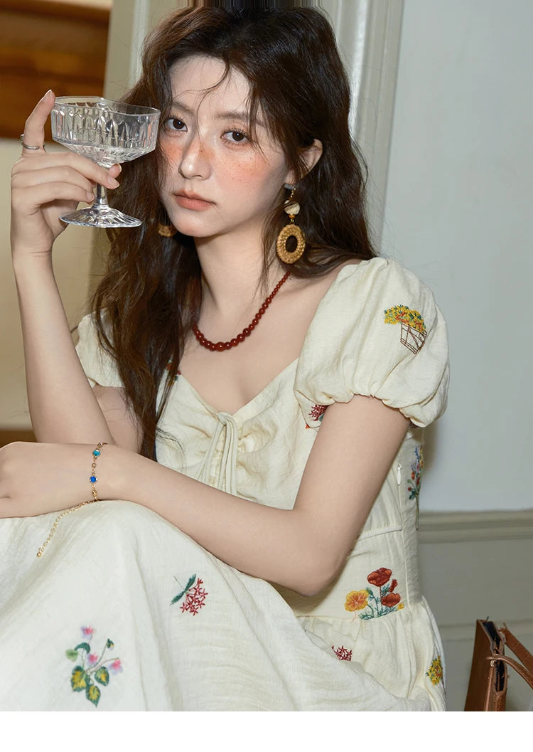 MISHOW Fashion Flower Embroidery Dress for Women Summer 2025 New Square Neck Lace Up Puff Sleeve Large Swing Dresses MXE37L2315