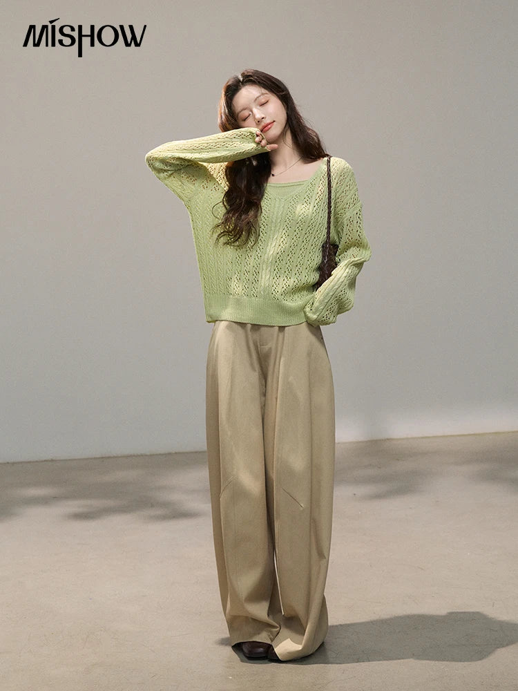 MISHOW Women's Hollow Out Cable Knit Tops with Camisole Two Piece Set Spring Loose Casual Breathable Green Sweater MXF16T1524