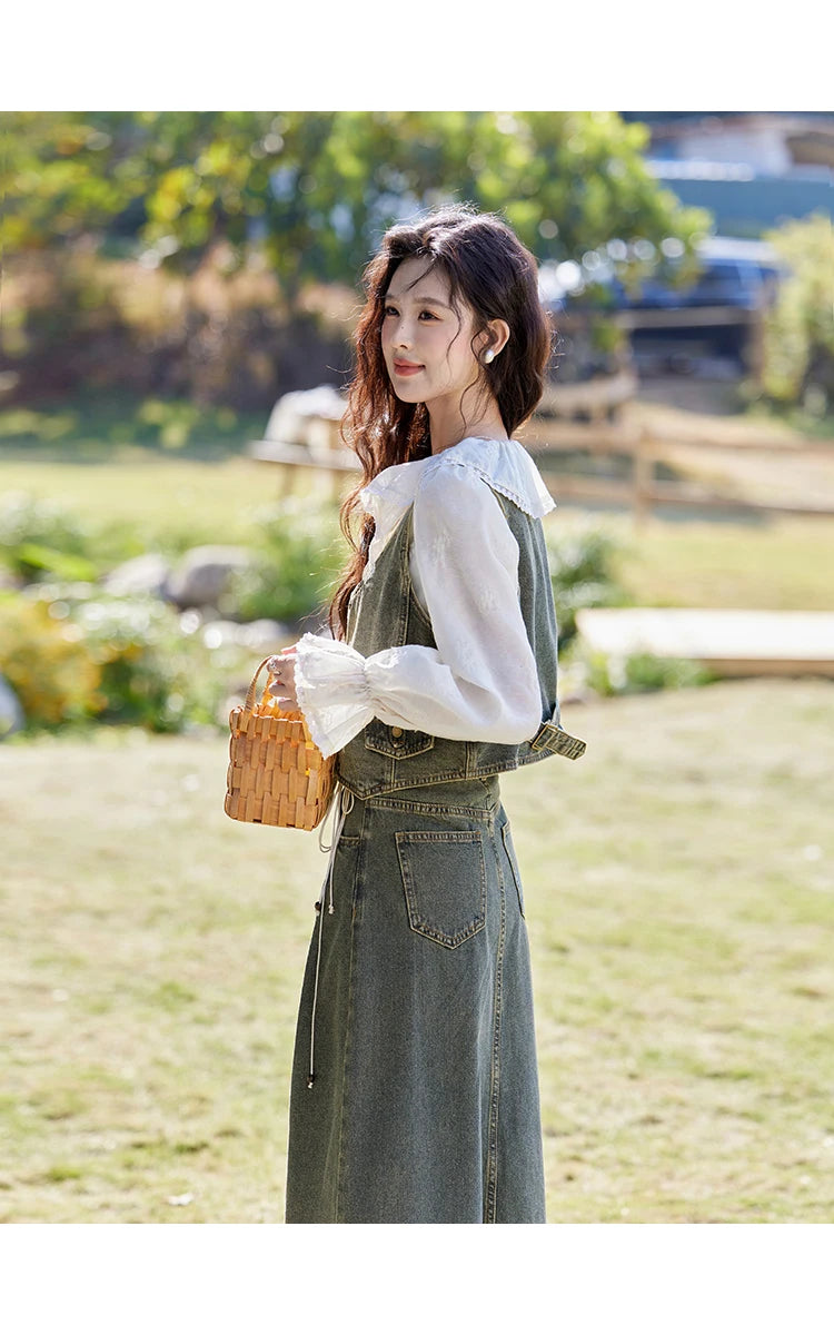 MISHOW Denim Vest Coat Midi Skirt Separately for Women Spring 2025 Korean Retro Washed Cotton Coat Slim A-line Skirt MXE13W0731
