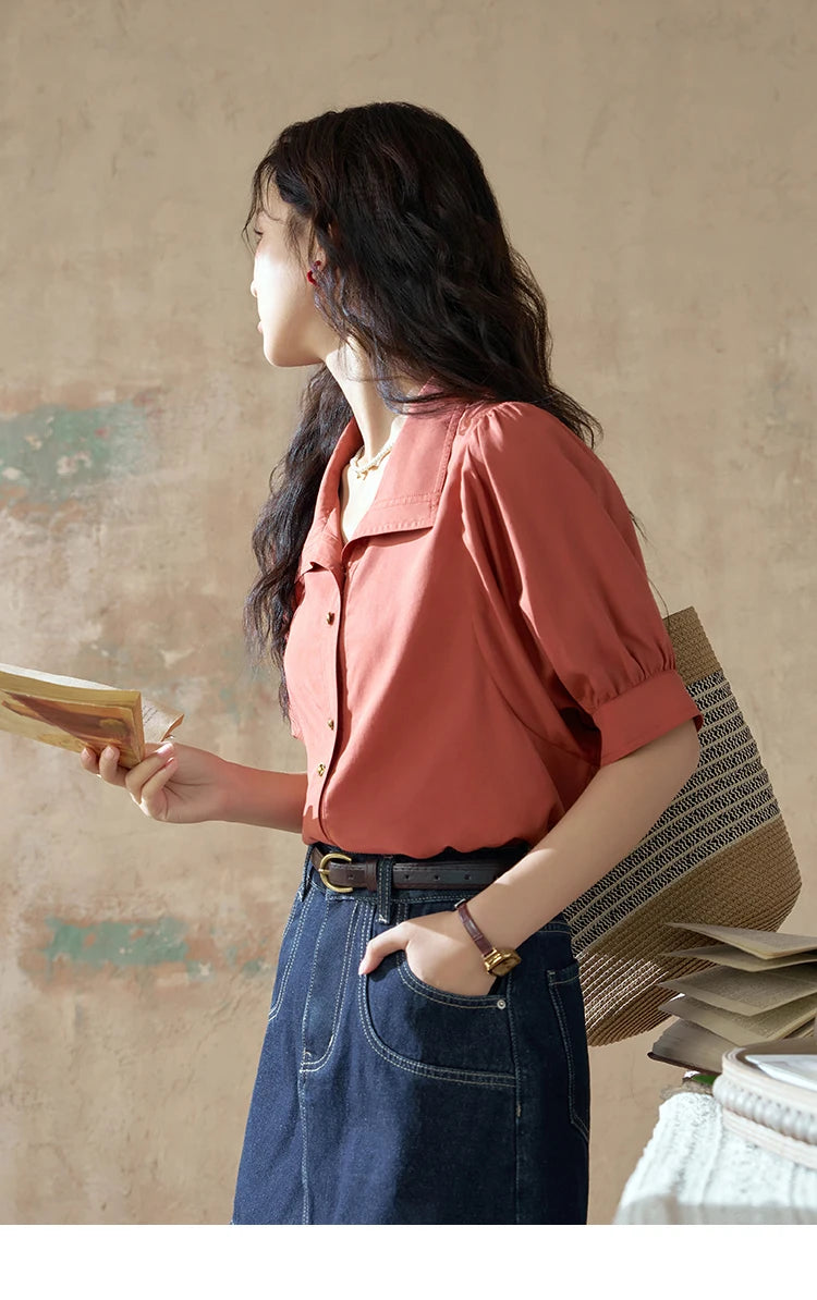 MISHOW Women's Short Sleeve Shirt Summer Thin Casual Simple Loose Elegant Blouses for Women 2024 Fashion Lapel Tops MXD28C0247