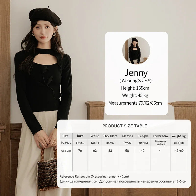 MISHOW Women’s Black Tulip Knitted Sweater French Vintage Hollow Out Sweaters Mock Neck 2024 Fall Elegant Slim Top MXD42Z0731