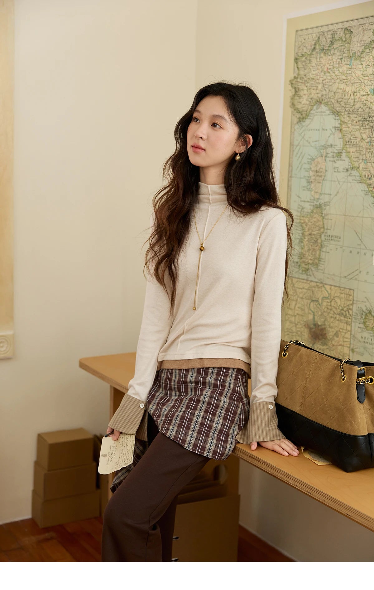 MISHOW Knitted Tops for Women 2025 Autumn New Apricot Stand Collar Long Sleeves Slim Fit with Detachable Cuffs Tops MXE49Z2532