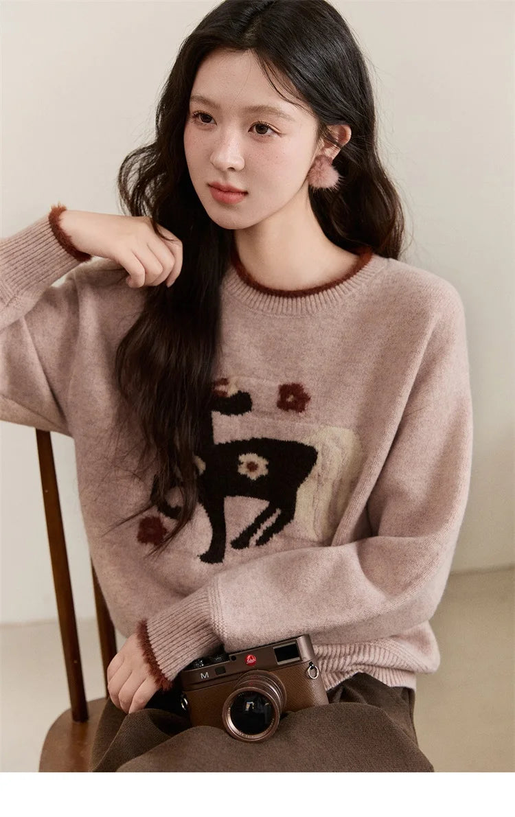 MISHOW Women's Horse Pattern Knit Sweater Winter Crew Neck Sweaters Collar Cuffs Splice Contrasting Faux Mink Fur Top MXE94Z2863