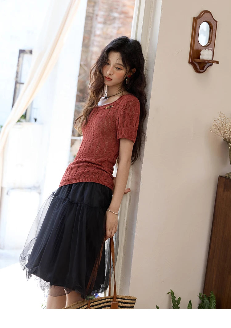 MISHOW Retro Red Hollow Thin Knitted Sweater Shirt for Women 2025 Summer Beads Short Sleeves Knitted Breathable Top MXE35Z1271