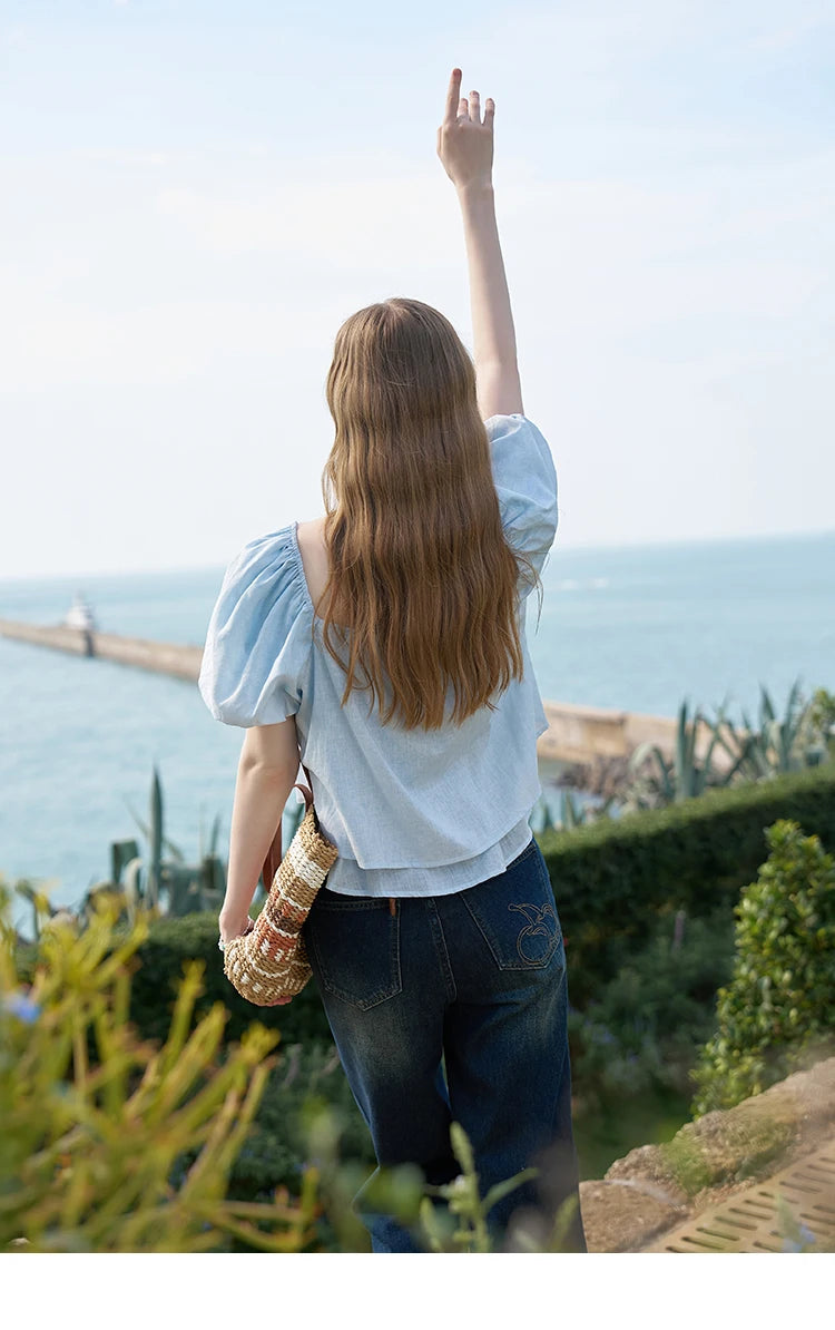 MISHOW French Square Neck Tied Lantern Sleeve Blouses 2025 Summer Double Layered Hem Puff Sleeve Solid Sweet Tops MXD26X1551