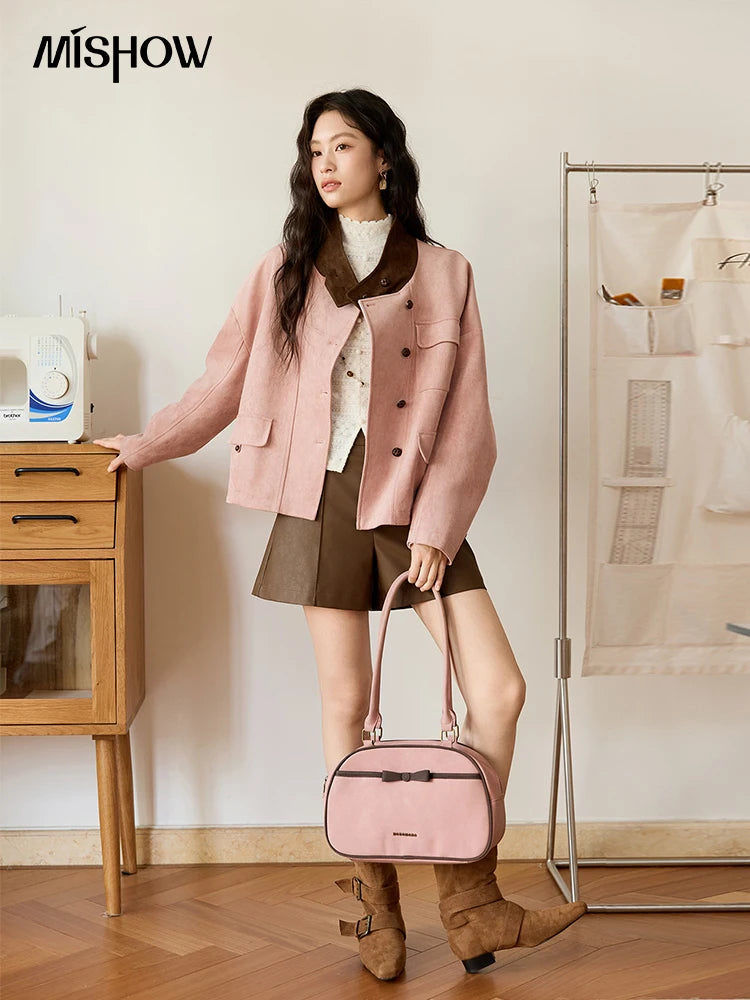 MISHOW Woman Jacket 2025 Autumn French Style Pink Coffee Suede Jacket Contrast Color Stand Collar Loose Short Coat MXE48W0851
