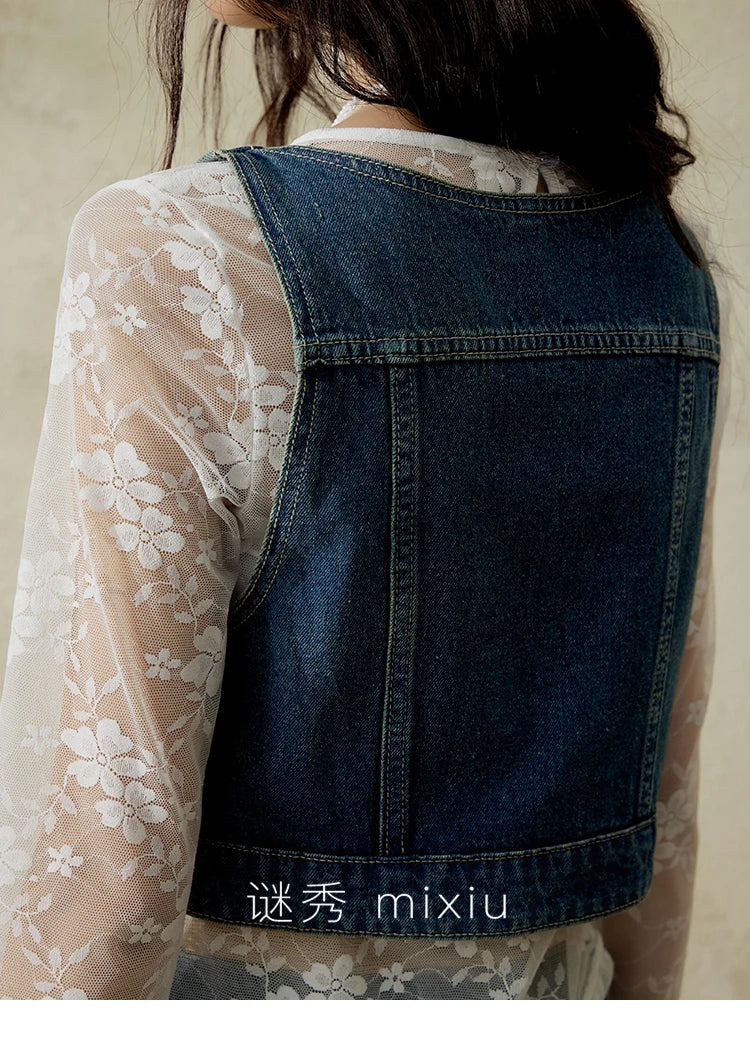 MISHOW Retro Denim Vest Coat for Women Spring Summer 2025 Deep Blue V-neck Short Versatile Outer Outfit U-neck Ccoats MXE16W0750
