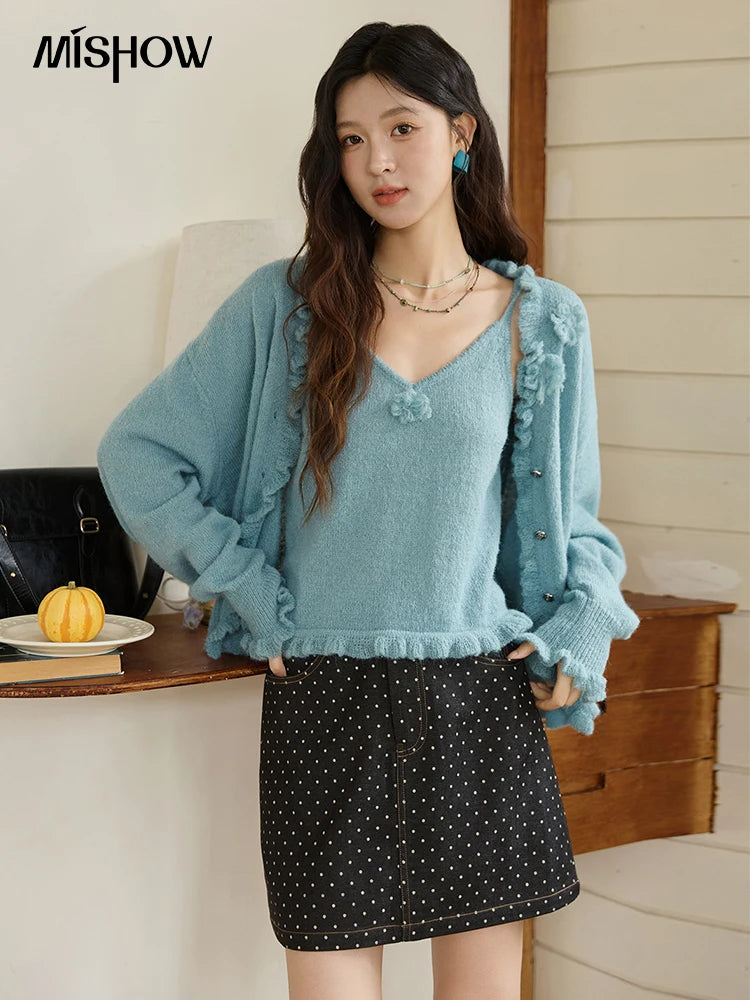 MISHOW Blue Knitted Cardigan Strap Two Piece Set 2025 Autumn Sweater Cardigan Lotus Leaf Edge Flower V-neck Camis Set MXE45T1377