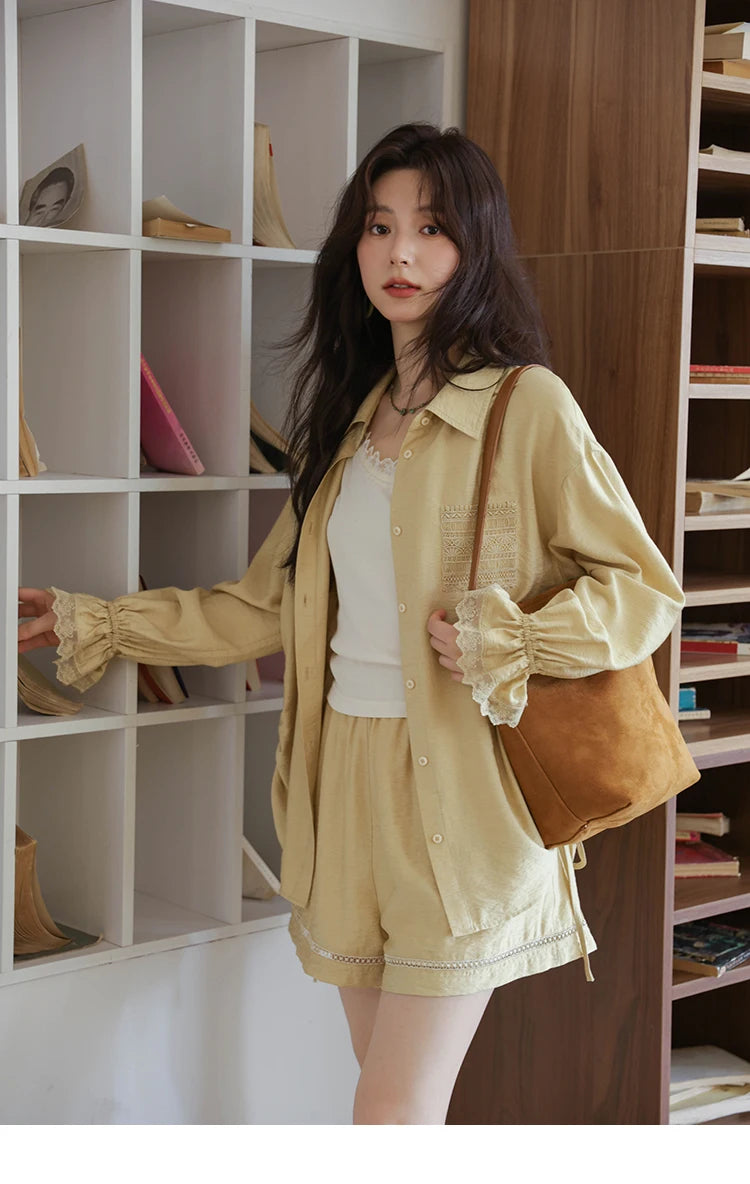 MISHOW Yellow Linen Three Piece Solid Splicing Lace Shirt Camisole Elastic Waist Shorts Vintage Hollowed Out Lace Set MXE42T0718