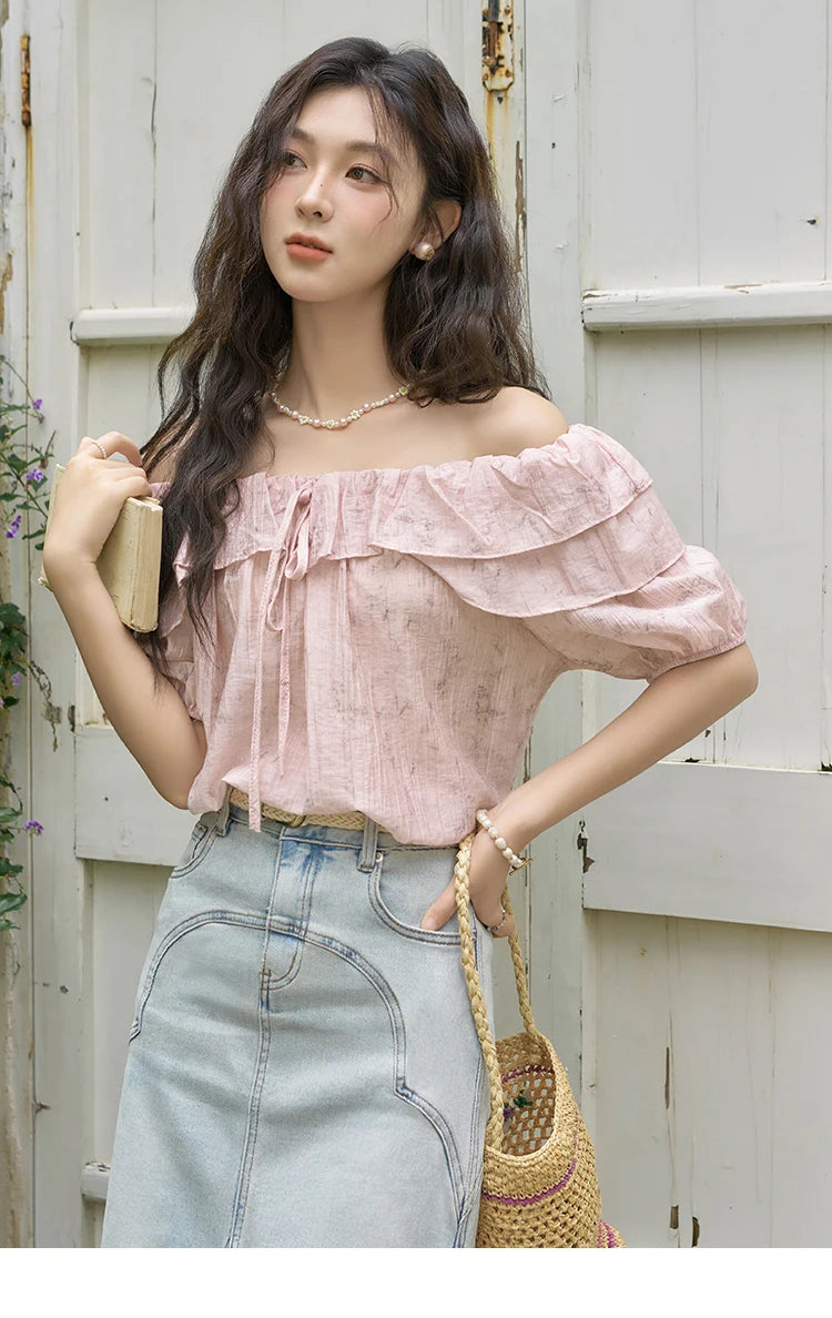 MISHOW French Retro Floral Short Sleeve Blouses Summer 2025 Loose One Line Shoulder Ruffled Edge Lace Up Sweet Top MXD25X1520