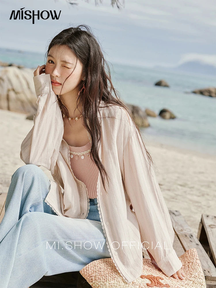 MISHOW Office Lady Summer Blouses Women 2025 New Striped Long Sleeve Turn-down Collar Shirt Female Fashion Loose Tops MXE33C0772