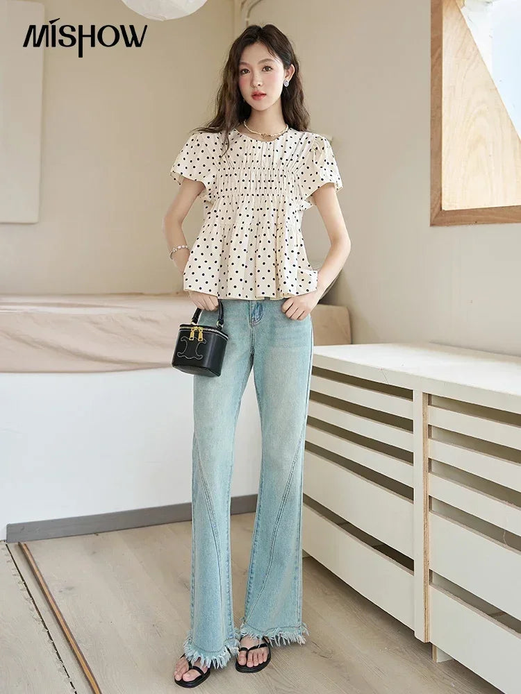MISHOW Polka Dot Blouses for Women 2025 Summer French Flying Sleeve O Neck Elastic Folds Loose Retro Female Doll Top MXC39X1291