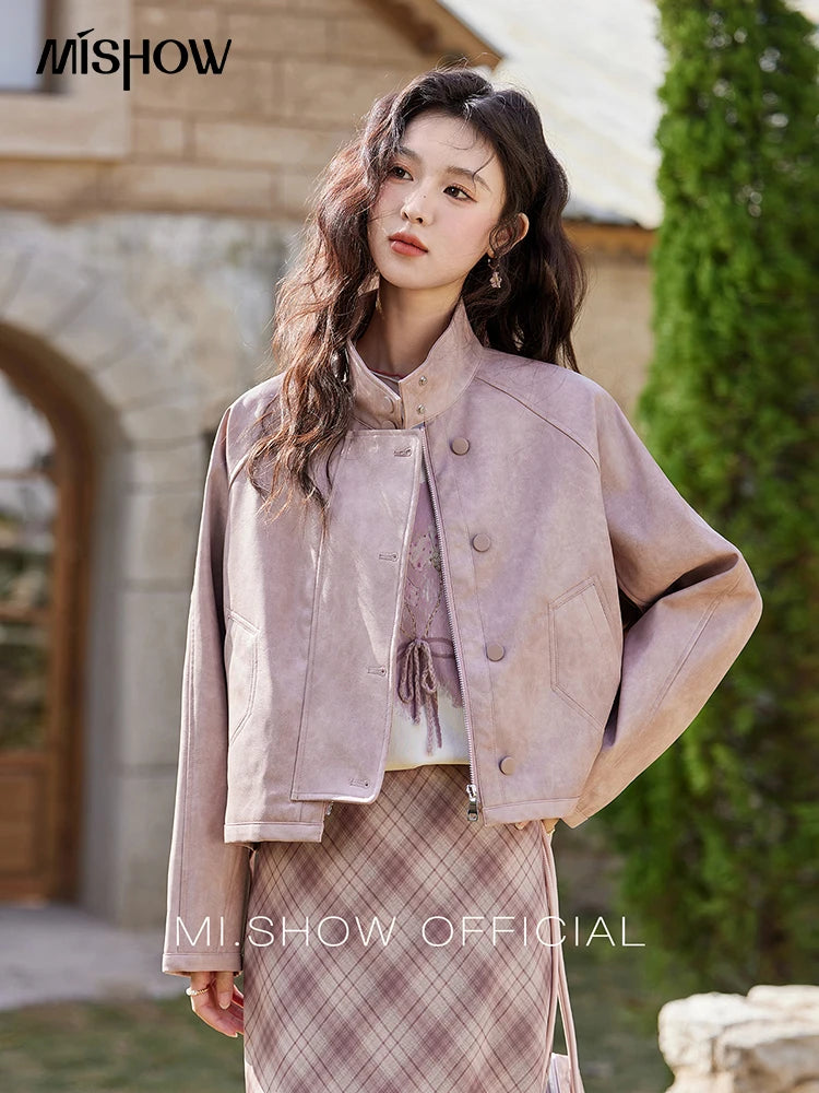 MISHOW Sweet Cool Blended Pink Purple Leather Coat Spring 2025 Stand Collar Motorcycle Style Jackets PU Leather Coats MXE13W0707