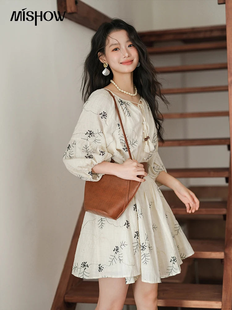 MISHOW Embroidered Doll Dress 2025 Seven Cent Lantern Sleeve Dress O-neck Tassel Lace-up Cotton Dress with Waist Belt MXE41L2480