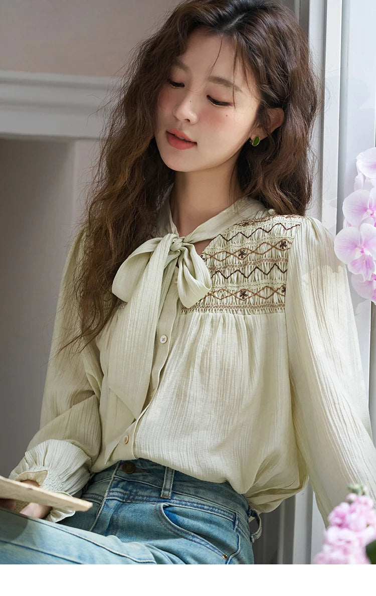MISHOW Ribbon Collar Shirt for Women Autumn 2025 Sweet Cuffs Pleated Embroidered Petal Sleeve Loose Top Office Lady MXD14C0226