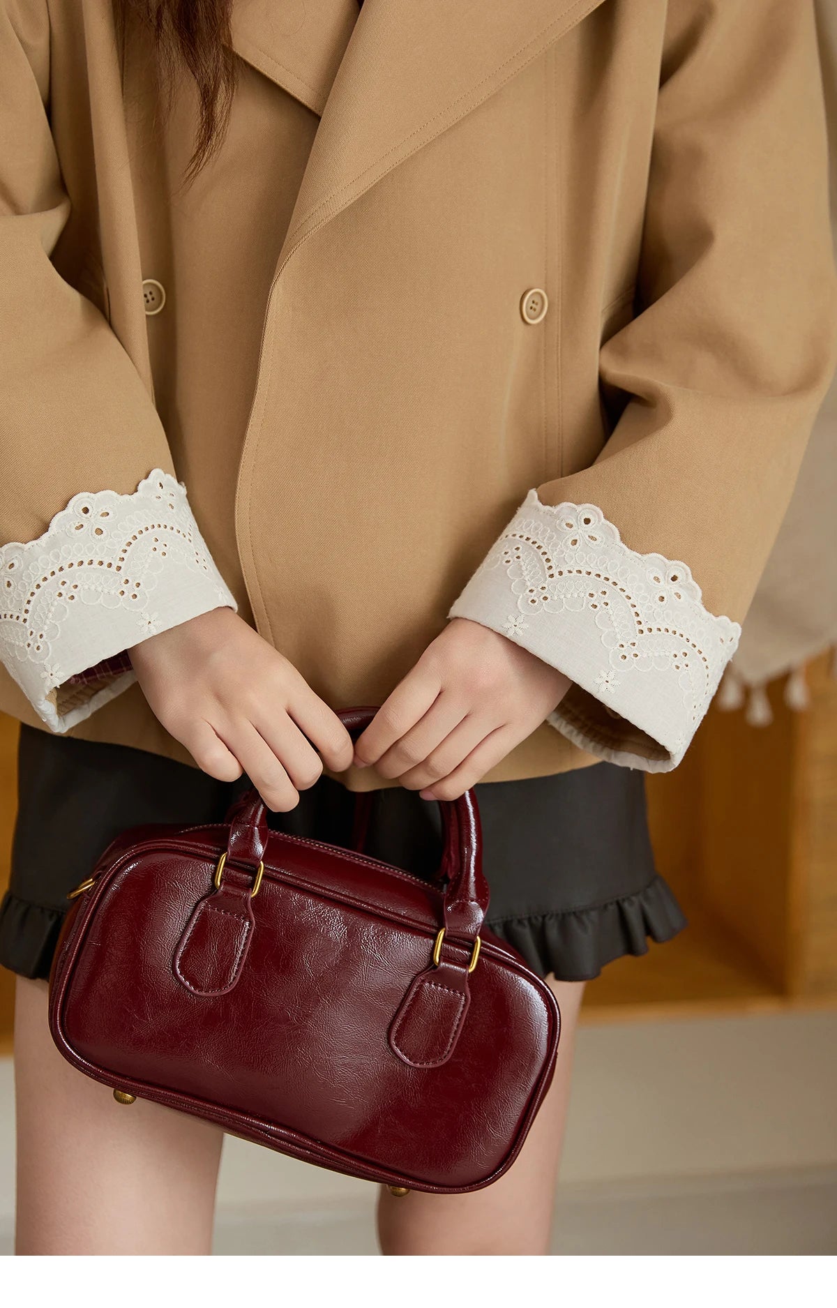 MISHOW Coats for Elegant Women Cotton 2025 Autumn Khaki Ruffled Cuff Splicing Lace Short Trench Coat Casual Jacket MXE45W0831