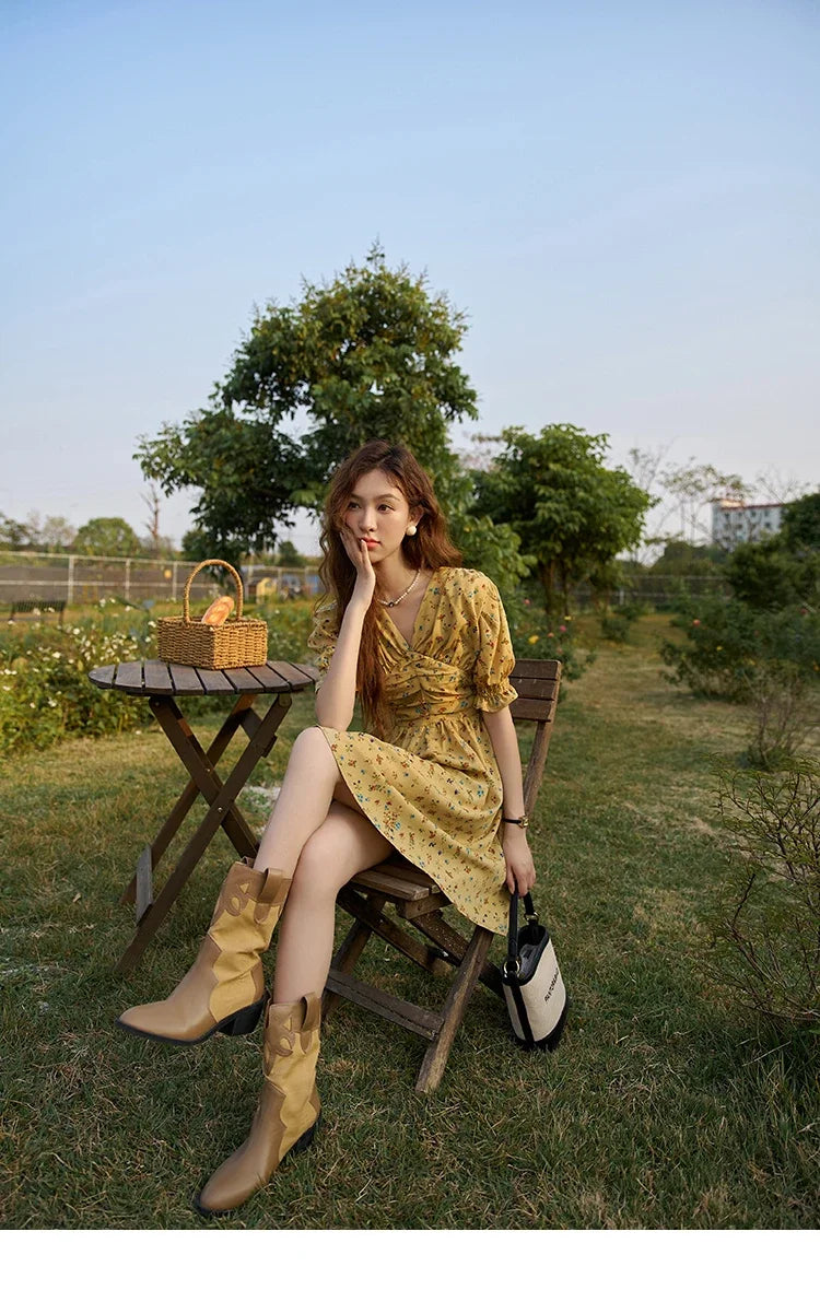 MISHOW Women's Retro Puff Sleeve Flower Dress 2025 Summer Waist Slim A-LINE V-Neck Shirring Female Ankle-Length Dress MXC33L1374