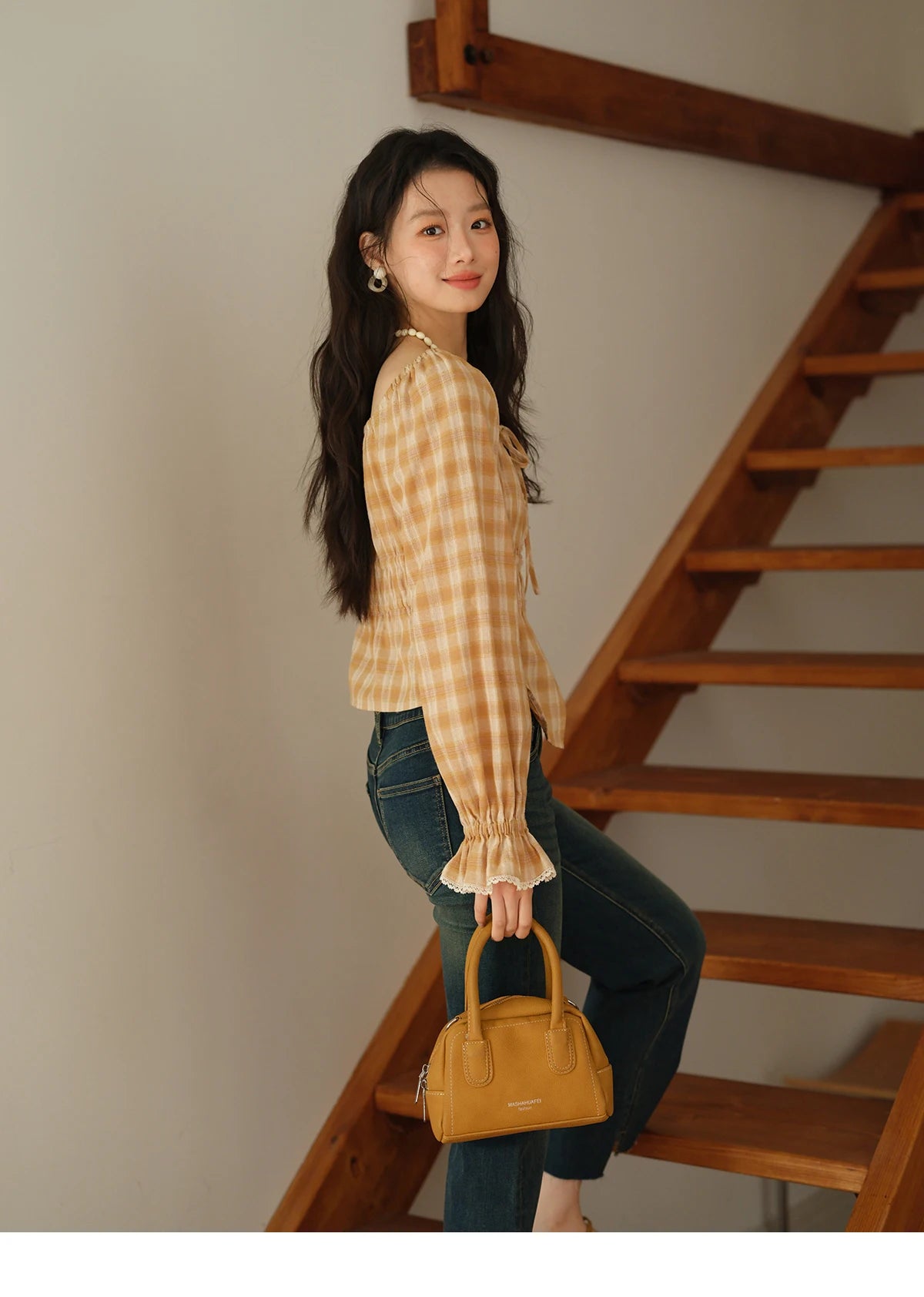 MISHOW Yellow Plaid Blouse for Women 2025 Autumn Korean Waist Square Neck Top Cuff Patchwork Lace Puff Sleeve Blouses MXE43X1986