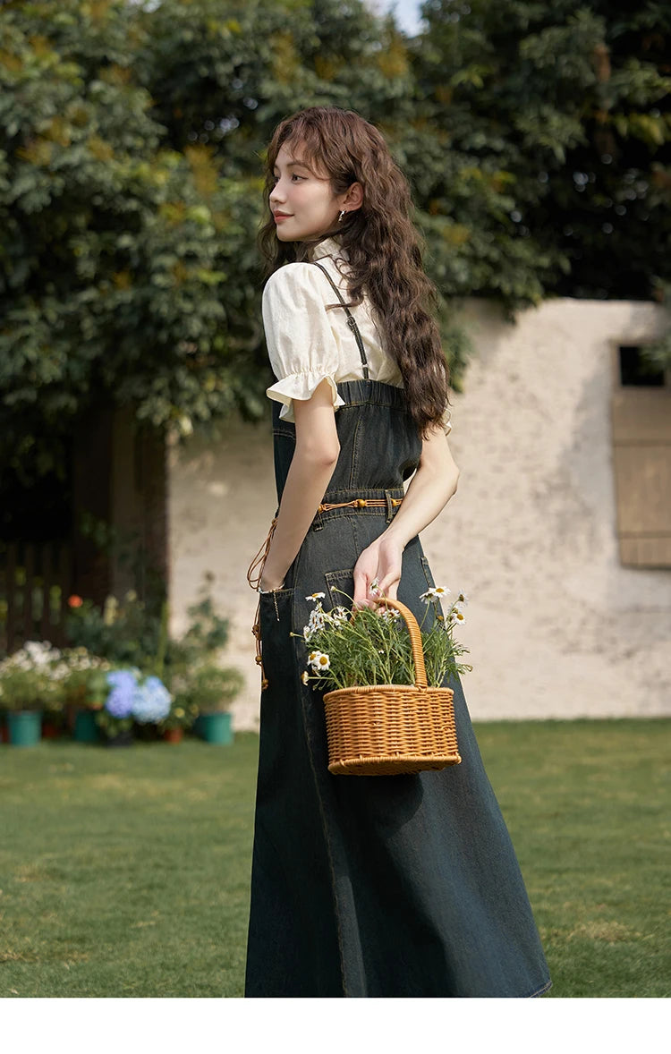 MISHOW Suspender Denim Dress Paired Blouse Separately 2024 Summer V Neck Puff Sleeve Top Back Elastic Waist Dress MXD21L1664