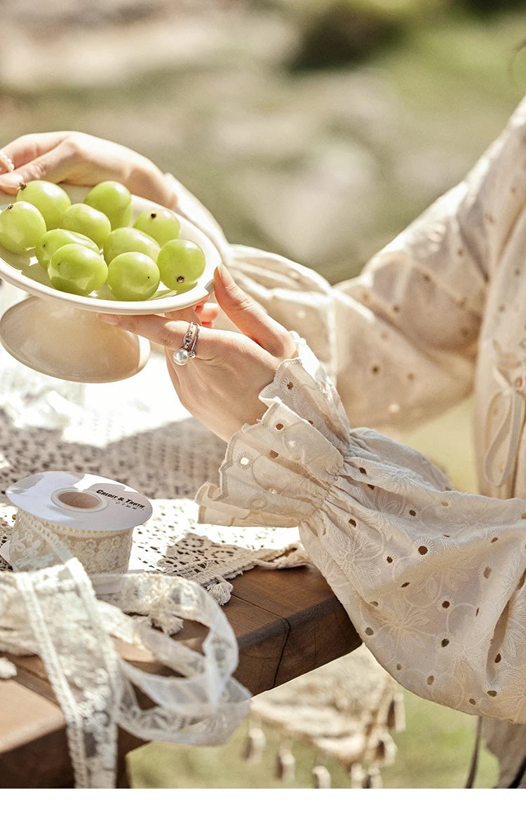 MISHOW Hollow Lace Shirt for Women Spring 2025 French Retro Lace100 Cotton Shirt V Neck Waist Elastic Cuffs Blouses MXE12X1710