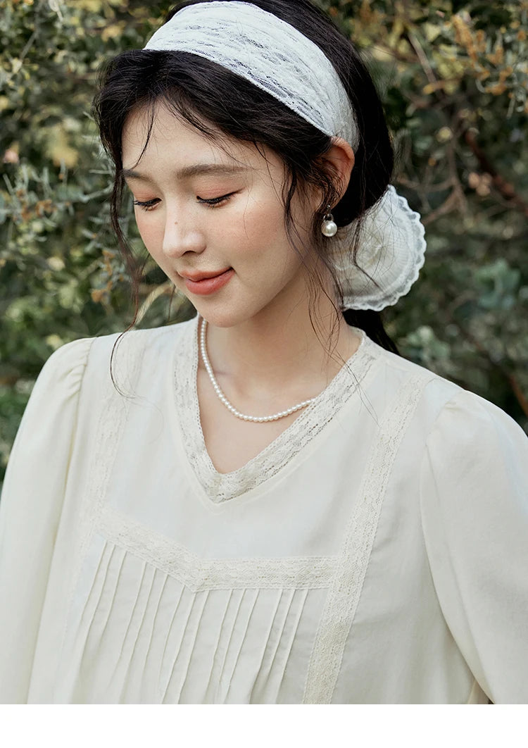 MISHOW Women's Lyocell Blouse 2025 Spring Summer Lace V-neck Commuting Top Puff Sleeve Solid Loose Blouse Office Lady MXE15X1735