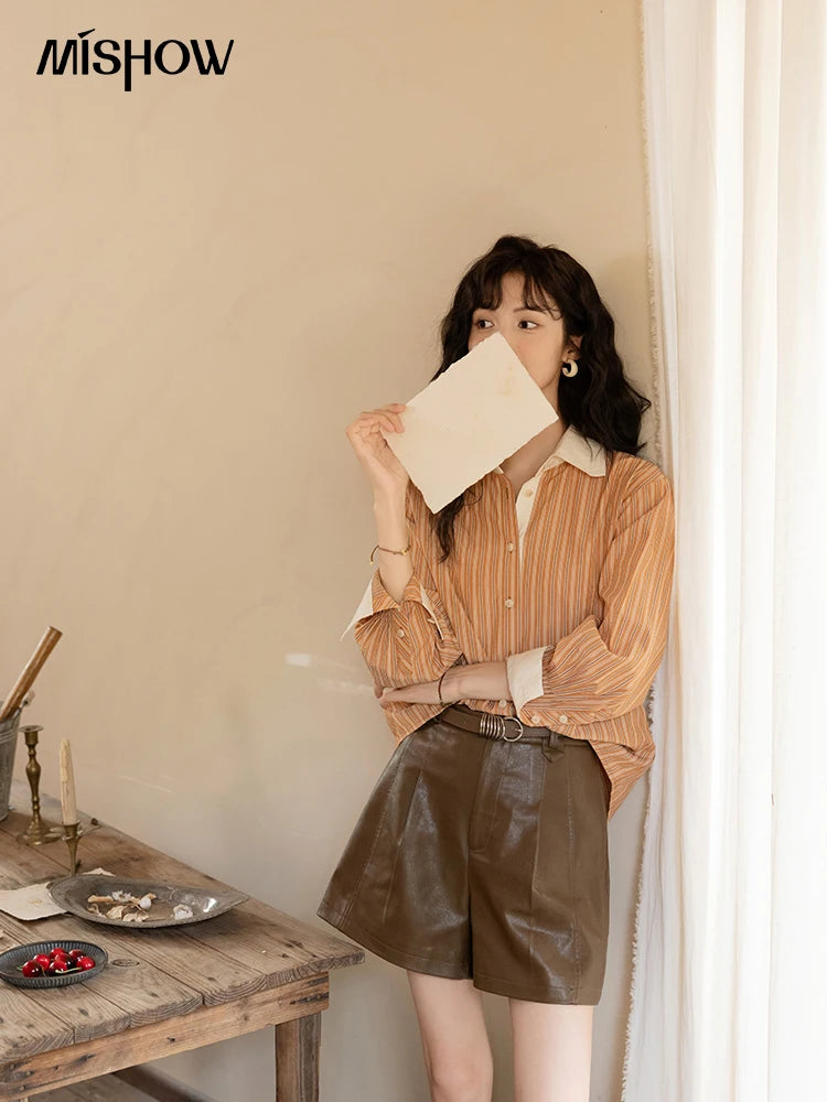 MISHOW Loose Striped Shirt for Women Autumn 2025 Contrasting Lapel Top Single Breasted Patchwork Shirts Office Lady MXD41C0286