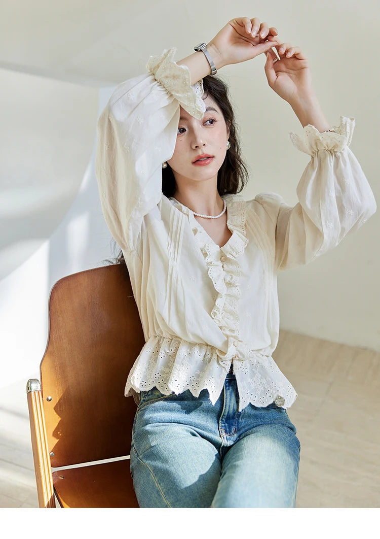 MISHOW Spring New French Shirts for Woman 2025 Long Sleeve V-neck Solid Loose Blouses Women Fashion Versatile Tops MXE14X1732