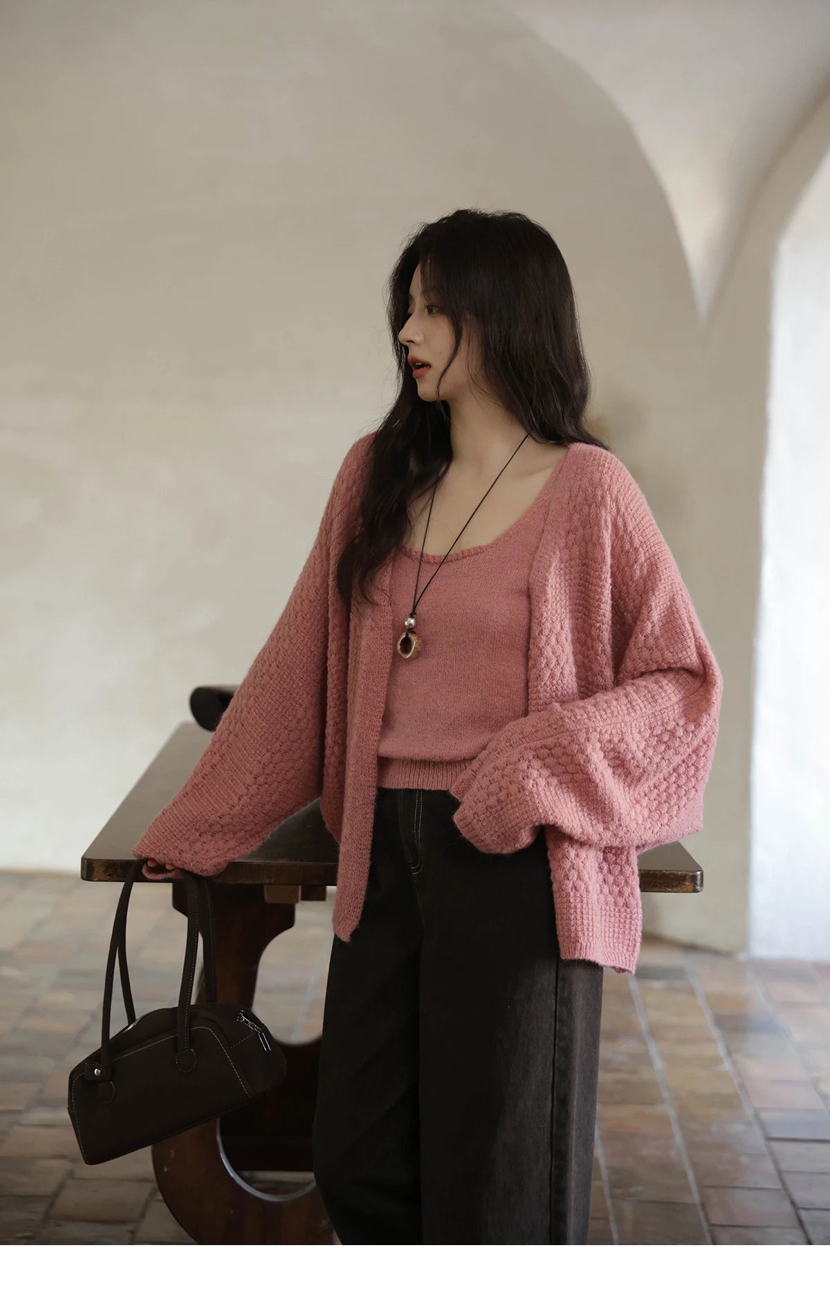 MISHOW Women's Pink Knit Two-Piece Set 2025 Autumn Sweet Long Sleeves Cardigan with Vest Casual Women's Clothes Set MXE44T0737